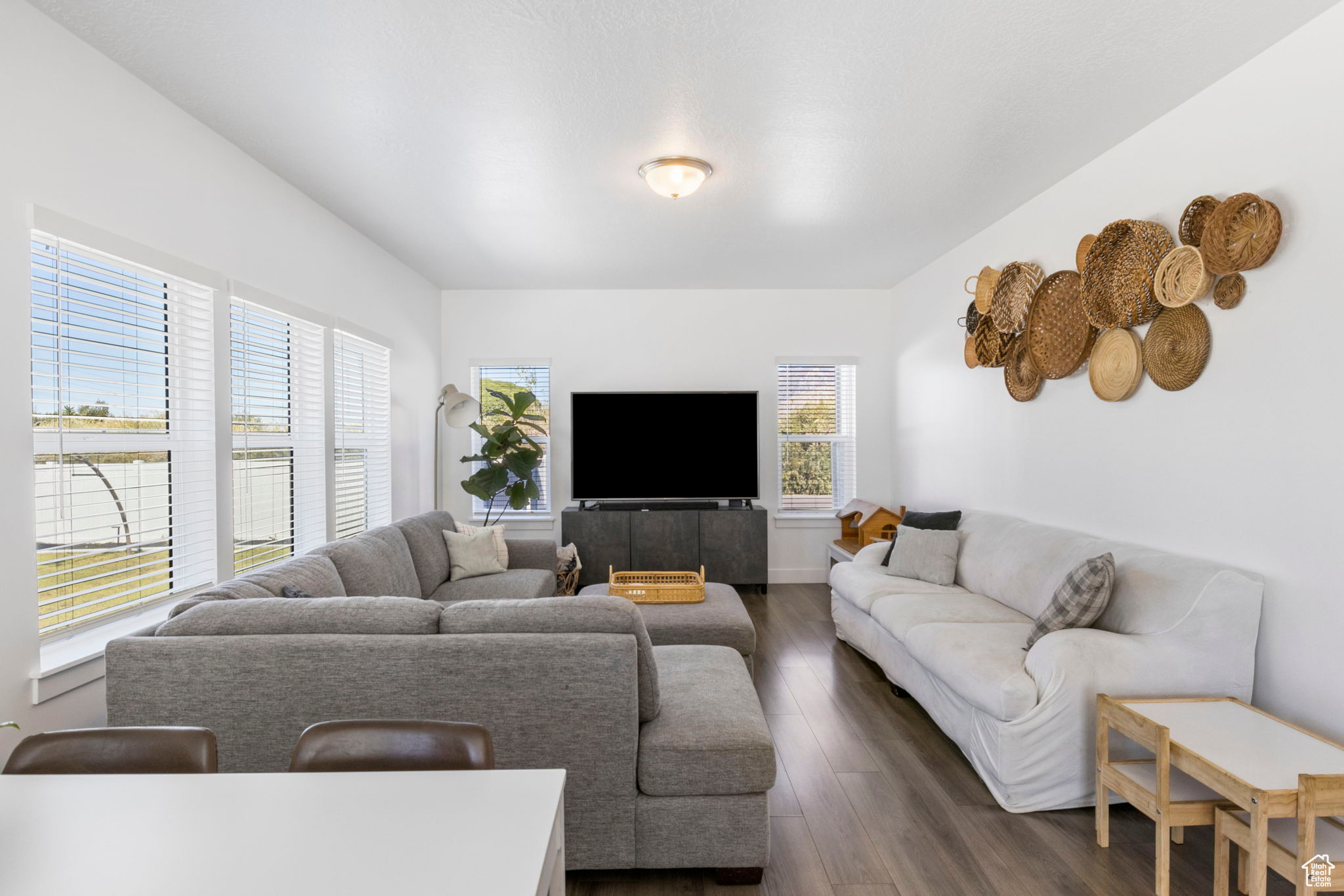 Living room with dark hardwood / wood-style flooring and plenty of natural light