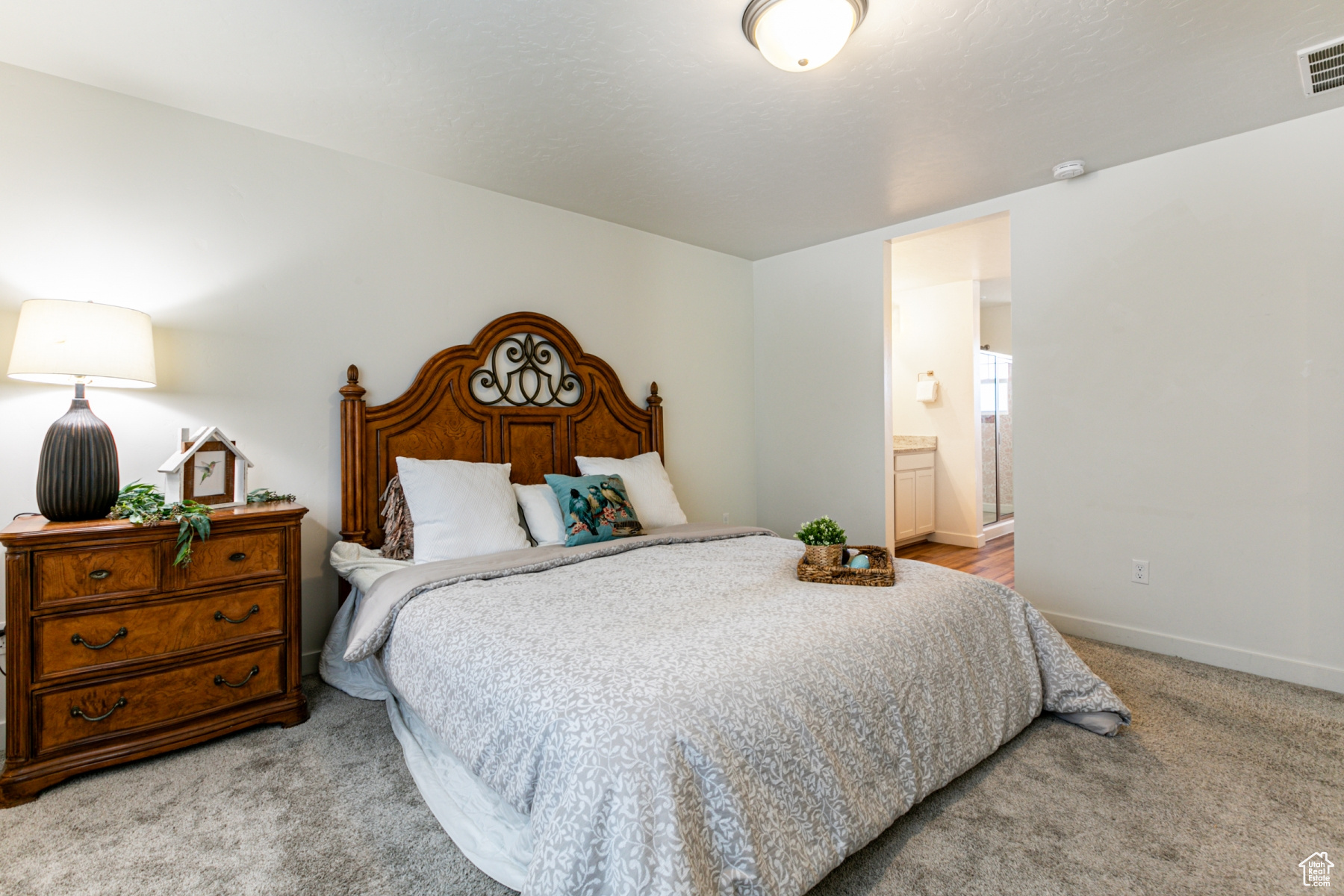 Primary carpeted bedroom with connected bathroom