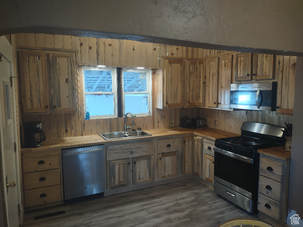 Kitchen with sink, stainless steel appliances, and dark hardwood / wood-style flooring