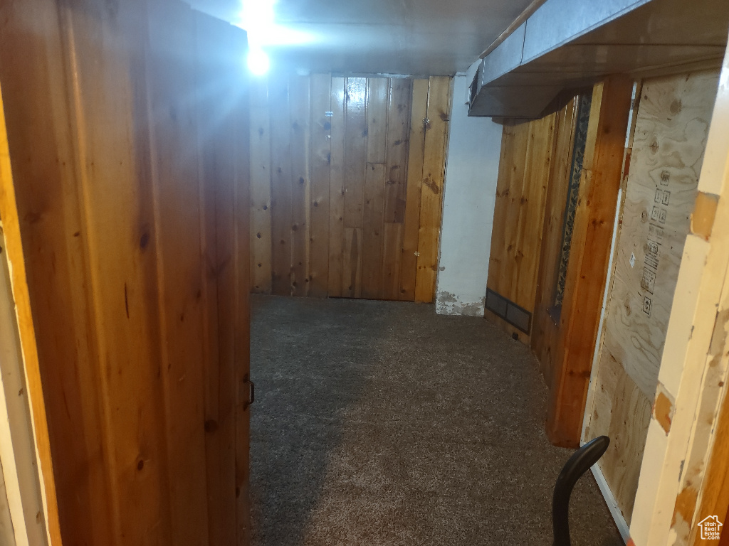 Basement with wood walls and dark carpet