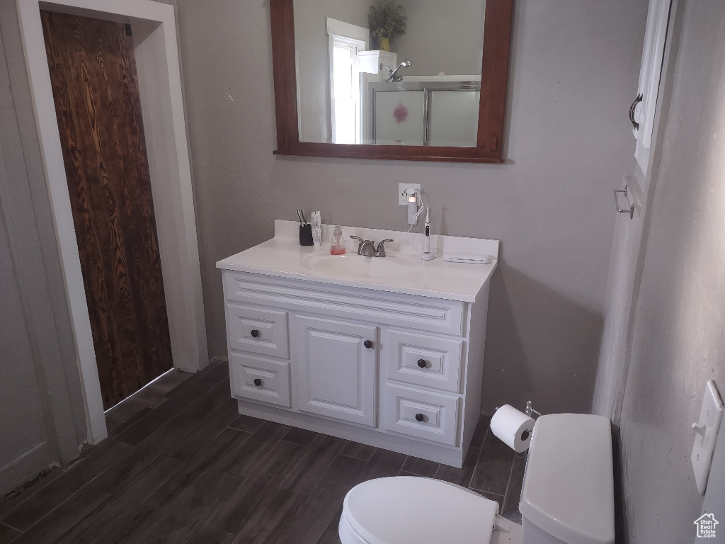 Bathroom featuring vanity, toilet, and hardwood / wood-style flooring