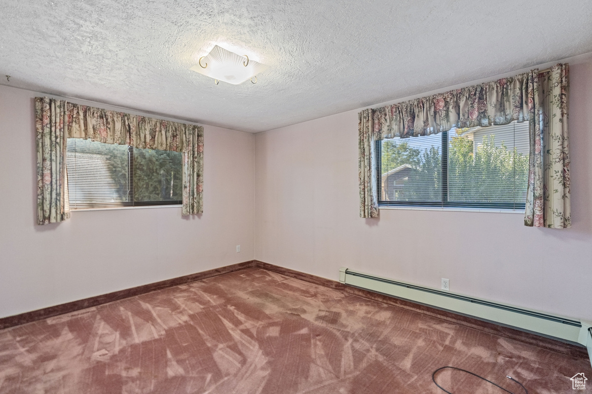 Spare room with a textured ceiling, carpet, a baseboard heating unit, and a wealth of natural light