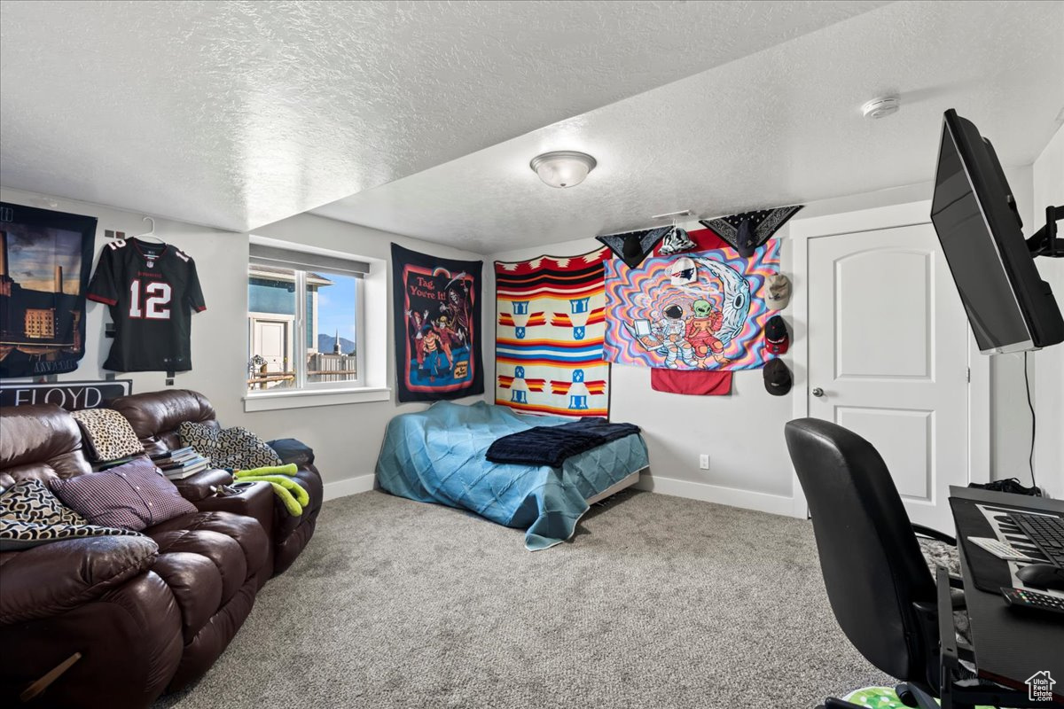 Bedroom with a textured ceiling and carpet