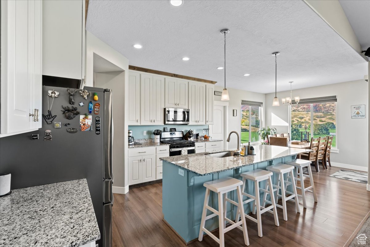 Kitchen featuring pendant lighting, a center island with sink, stainless steel appliances, light stone countertops, and dark hardwood / wood-style flooring