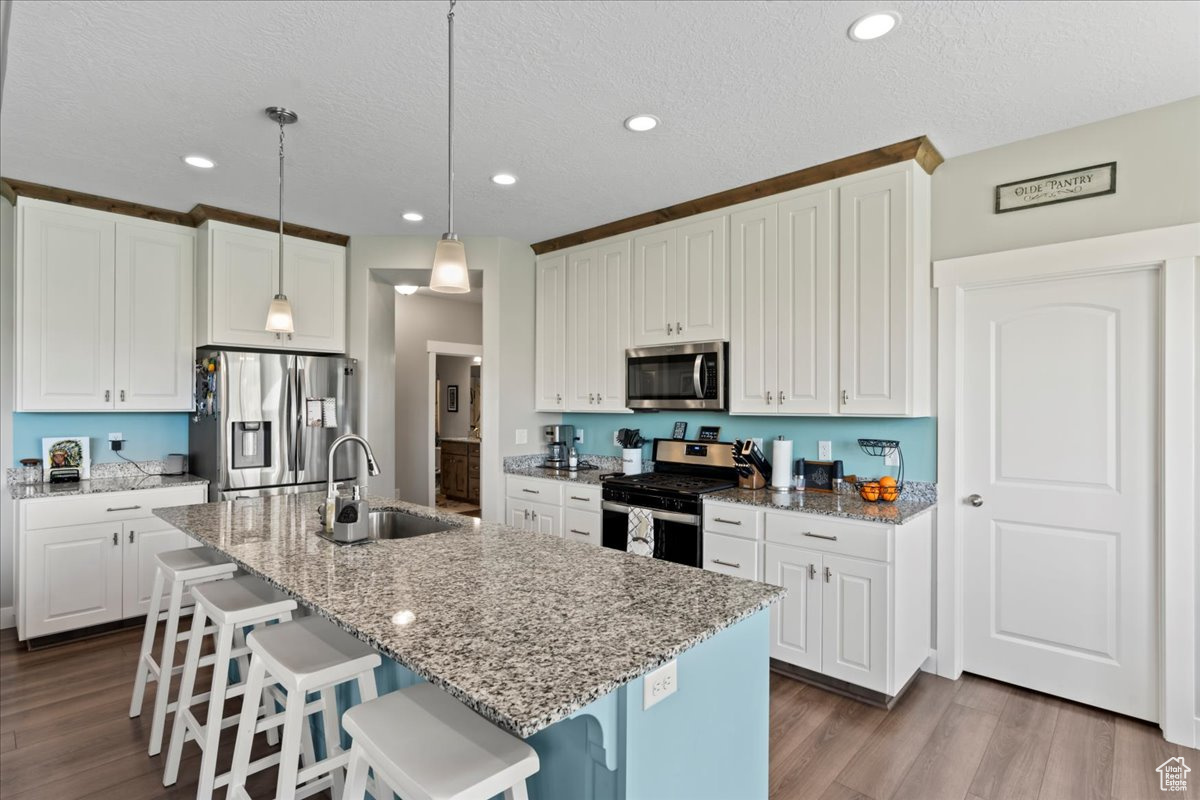 Kitchen featuring an island with sink, appliances with stainless steel finishes, decorative light fixtures, and sink