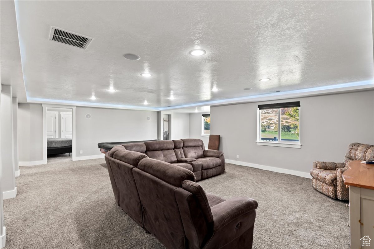 Carpeted living room with a textured ceiling