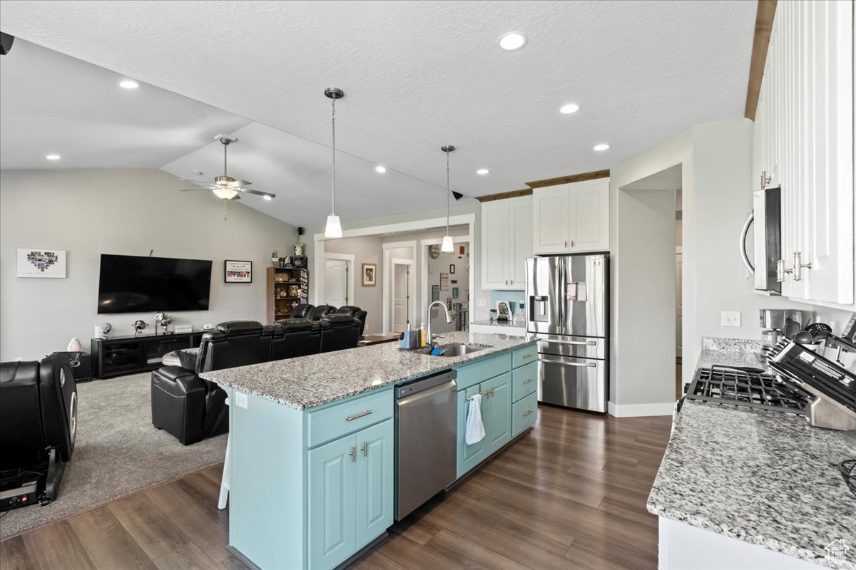 Kitchen with appliances with stainless steel finishes, white cabinets, lofted ceiling, ceiling fan, and a kitchen island with sink