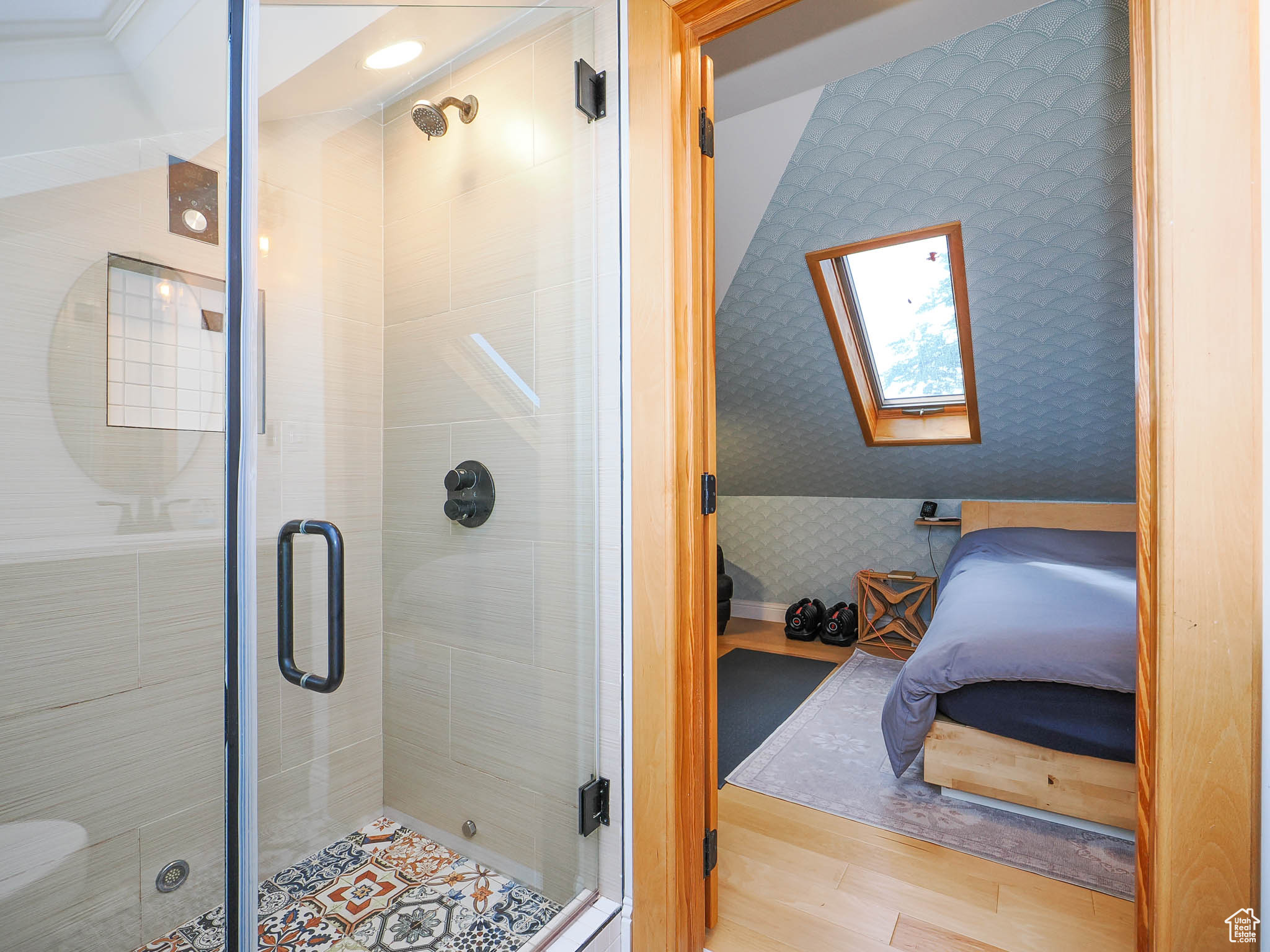 Bathroom featuring a skylight, a shower with shower door, and hardwood / wood-style flooring