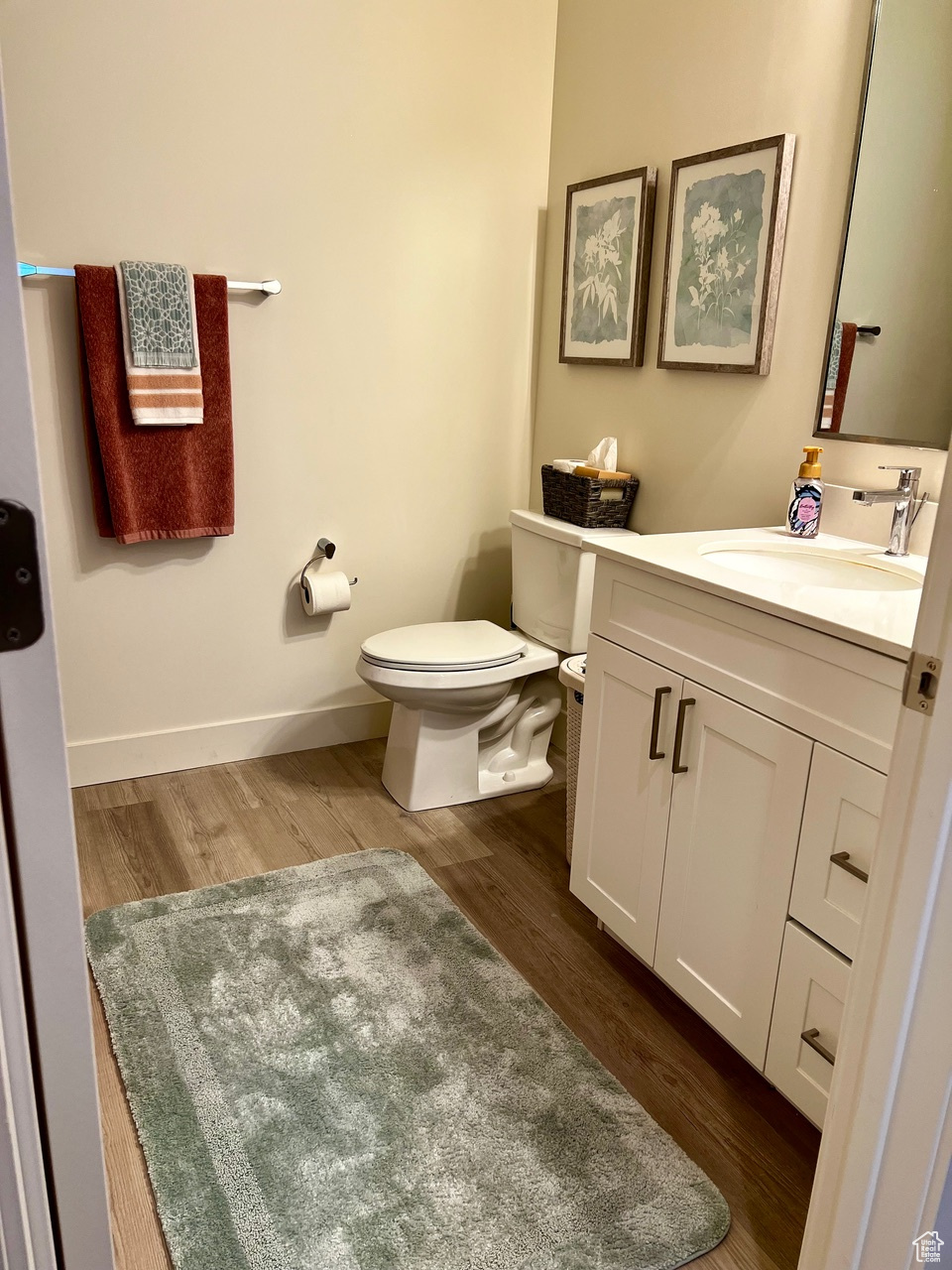 Bathroom featuring vanity, hardwood / wood-style floors, and toilet