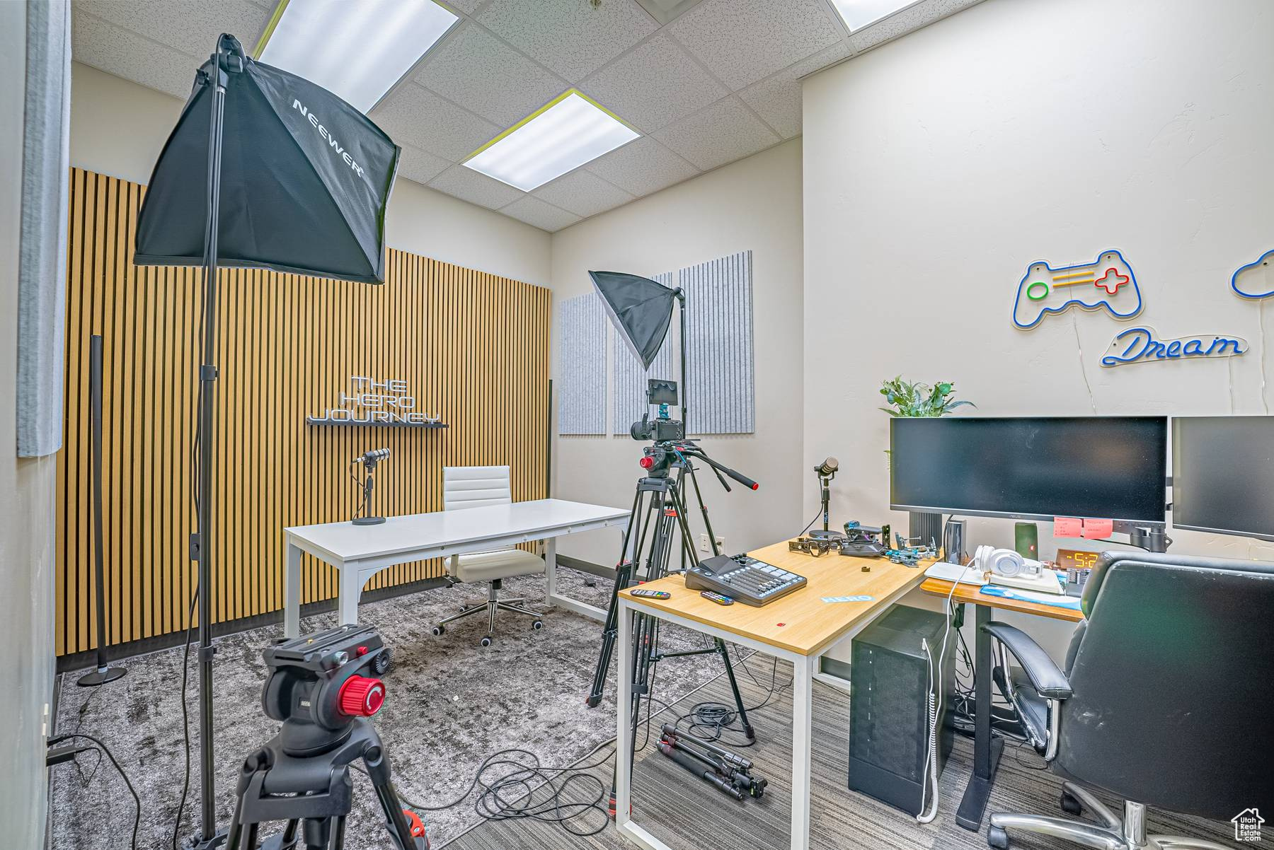 Office area featuring a drop ceiling