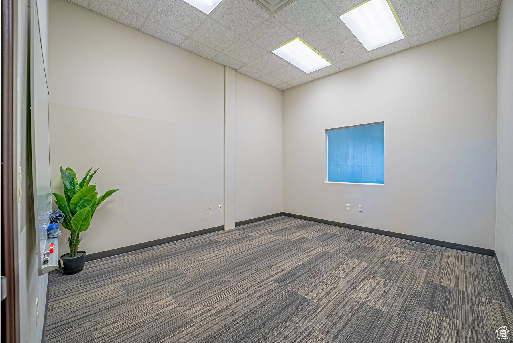 Carpeted spare room with a paneled ceiling