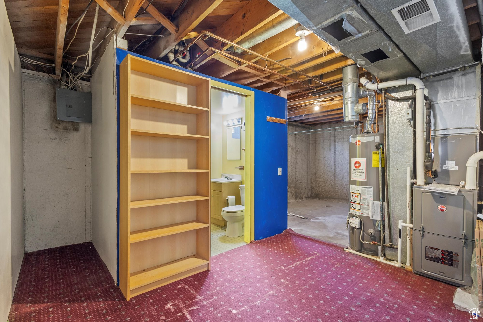 Basement featuring water heater and electric panel