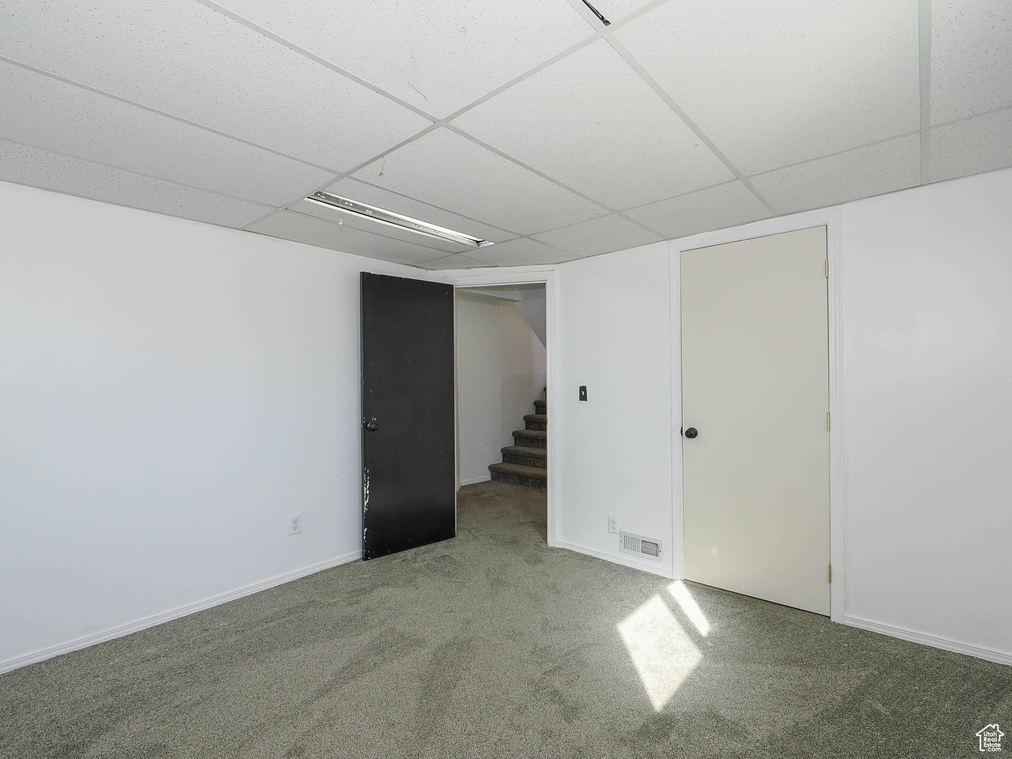 Basement featuring carpet and a paneled ceiling