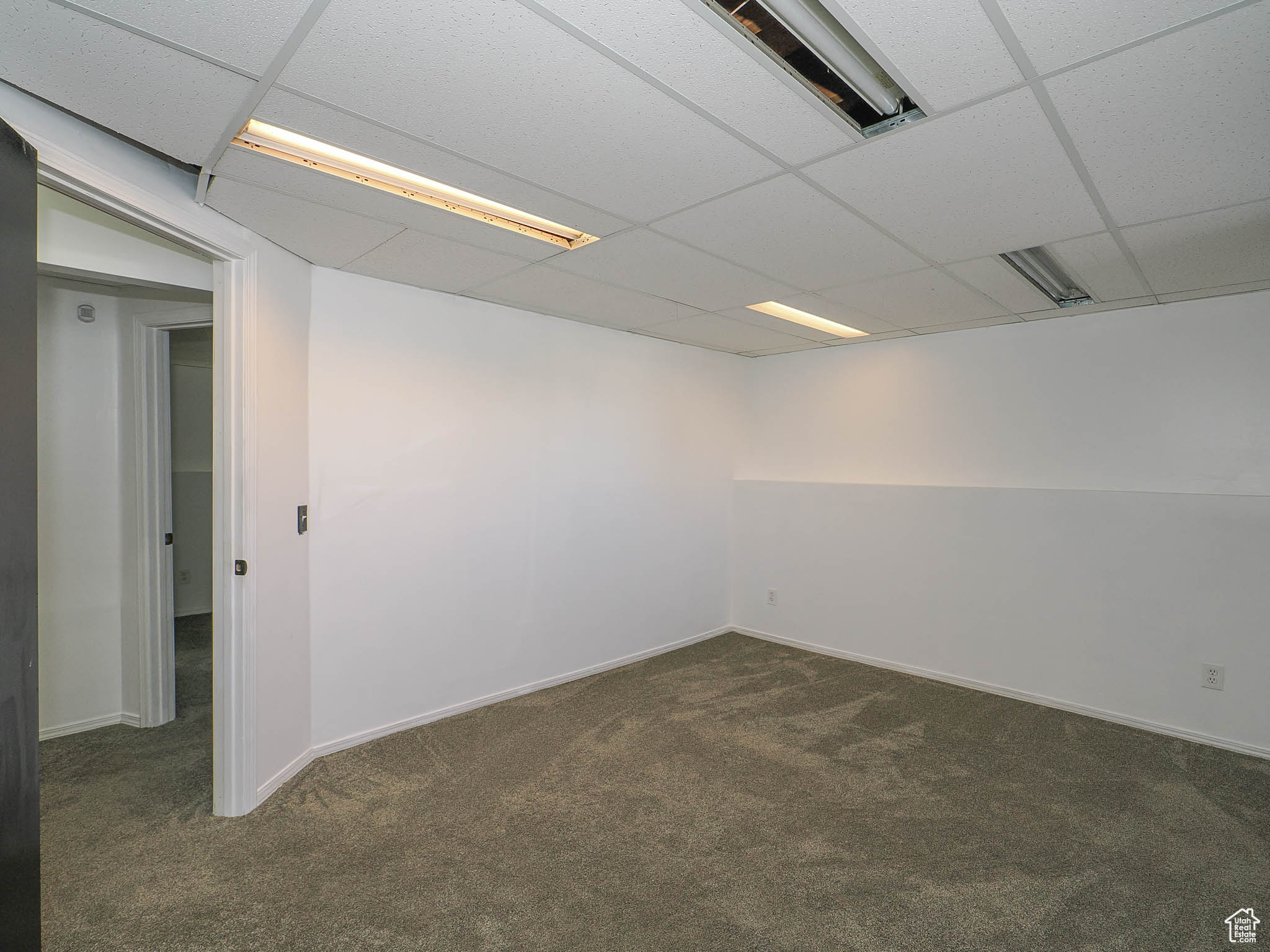 Basement with a drop ceiling and dark colored carpet