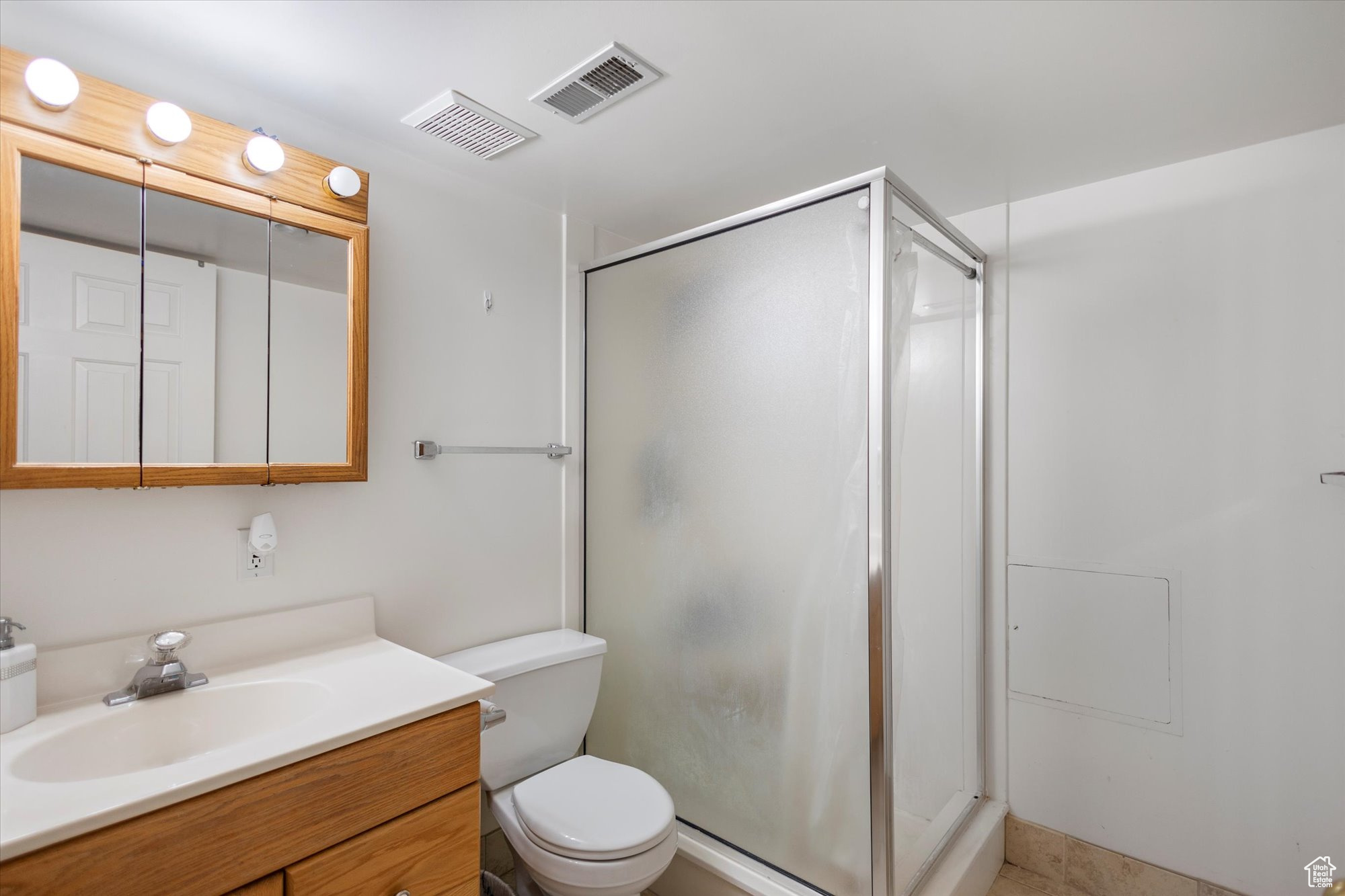 Bathroom featuring vanity, a shower with shower door, and toilet