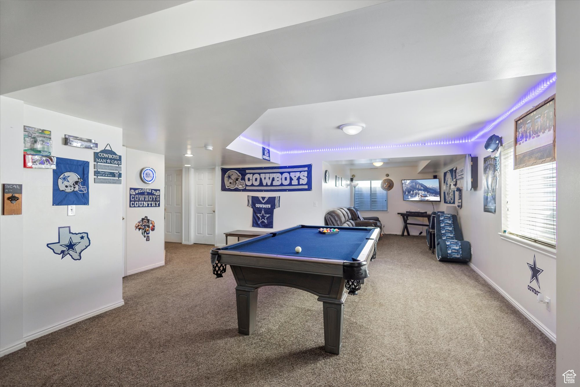 Playroom featuring pool table and carpet flooring