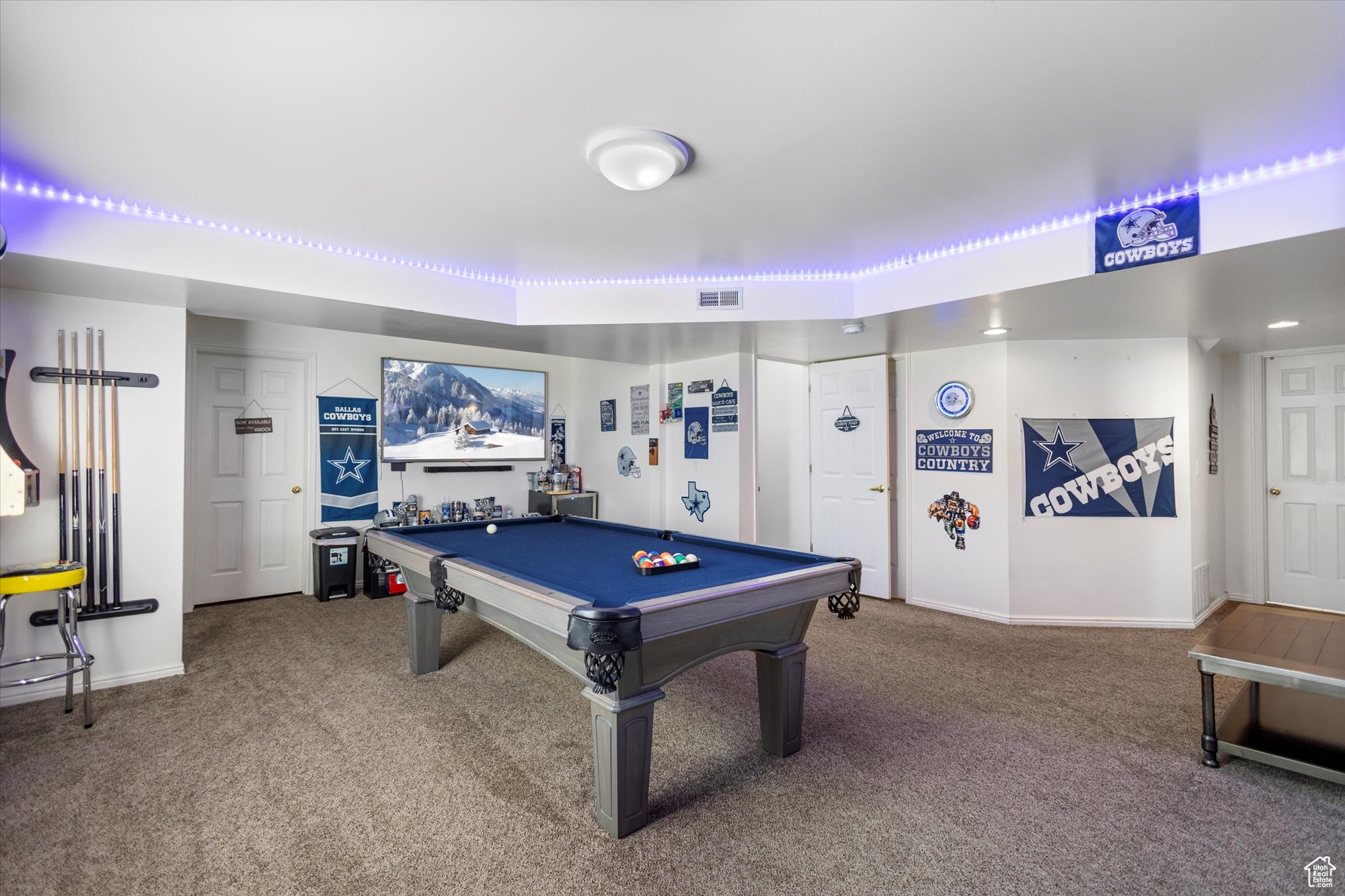 Game room featuring carpet floors and pool table