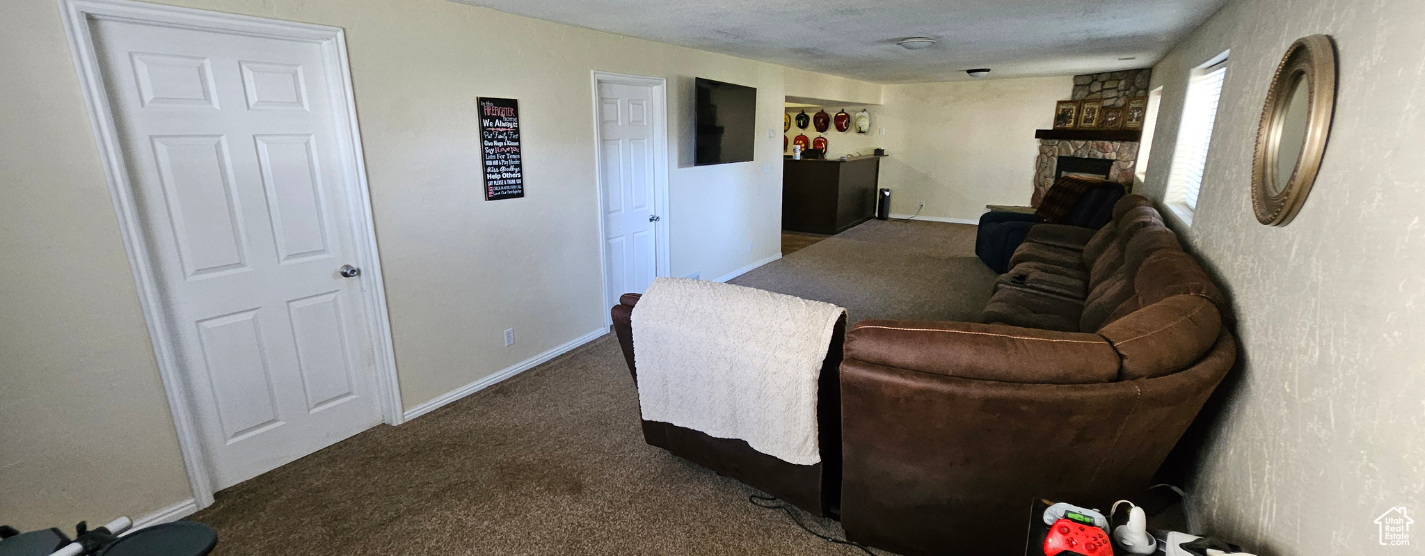 Interior space with dark colored carpet