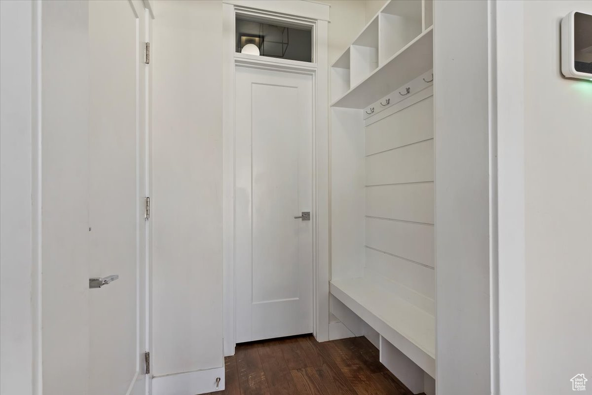 Mudroom featuring dark wood-type flooring