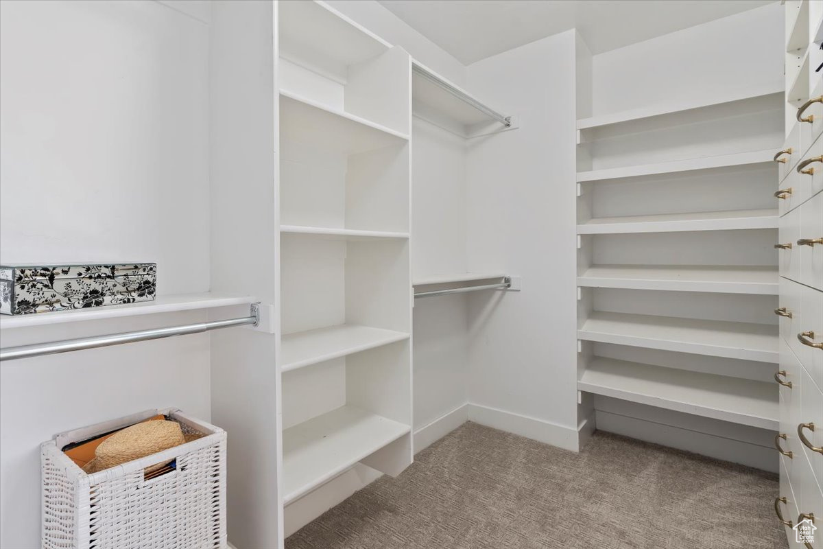 Walk in closet with light carpet