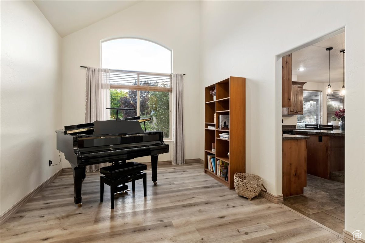 Miscellaneous room with high vaulted ceiling and light hardwood / wood-style floors