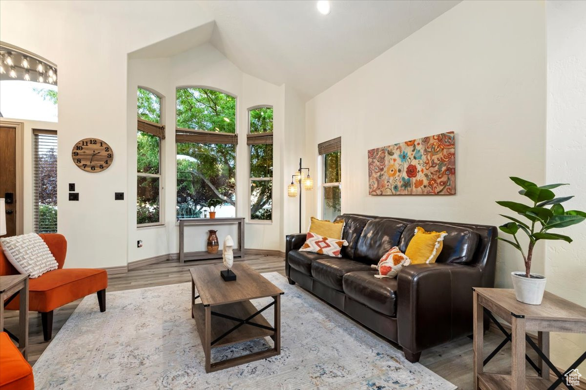 Living room featuring hardwood / wood-style flooring and high vaulted ceiling