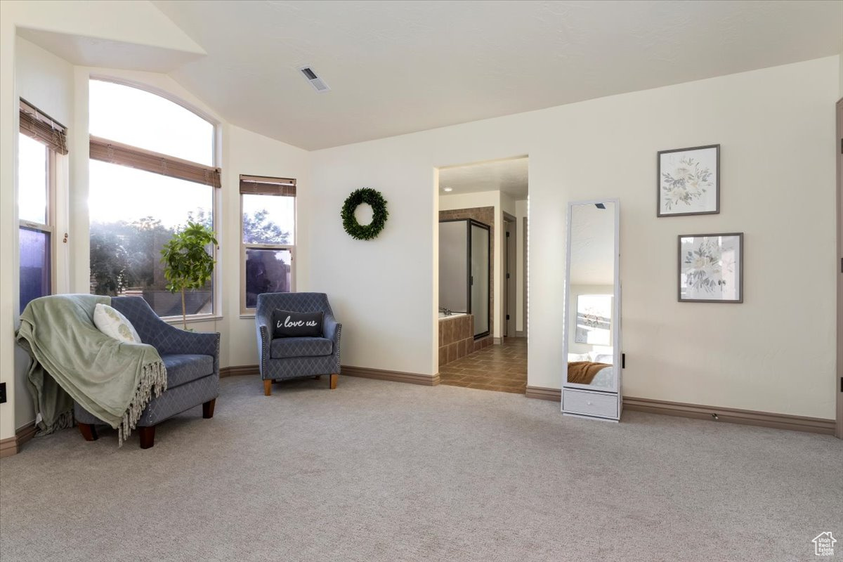 Sitting room with lofted ceiling, plenty of natural light, and light colored carpet