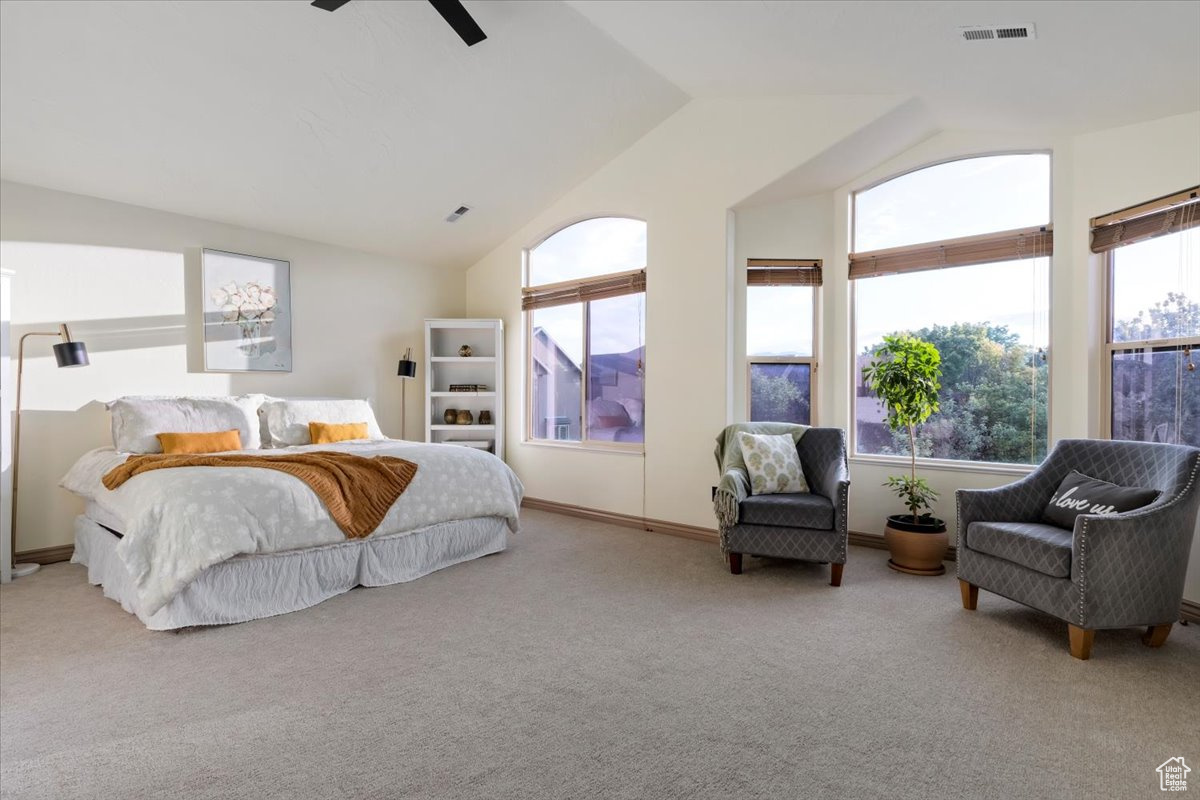 Carpeted bedroom featuring lofted ceiling and ceiling fan