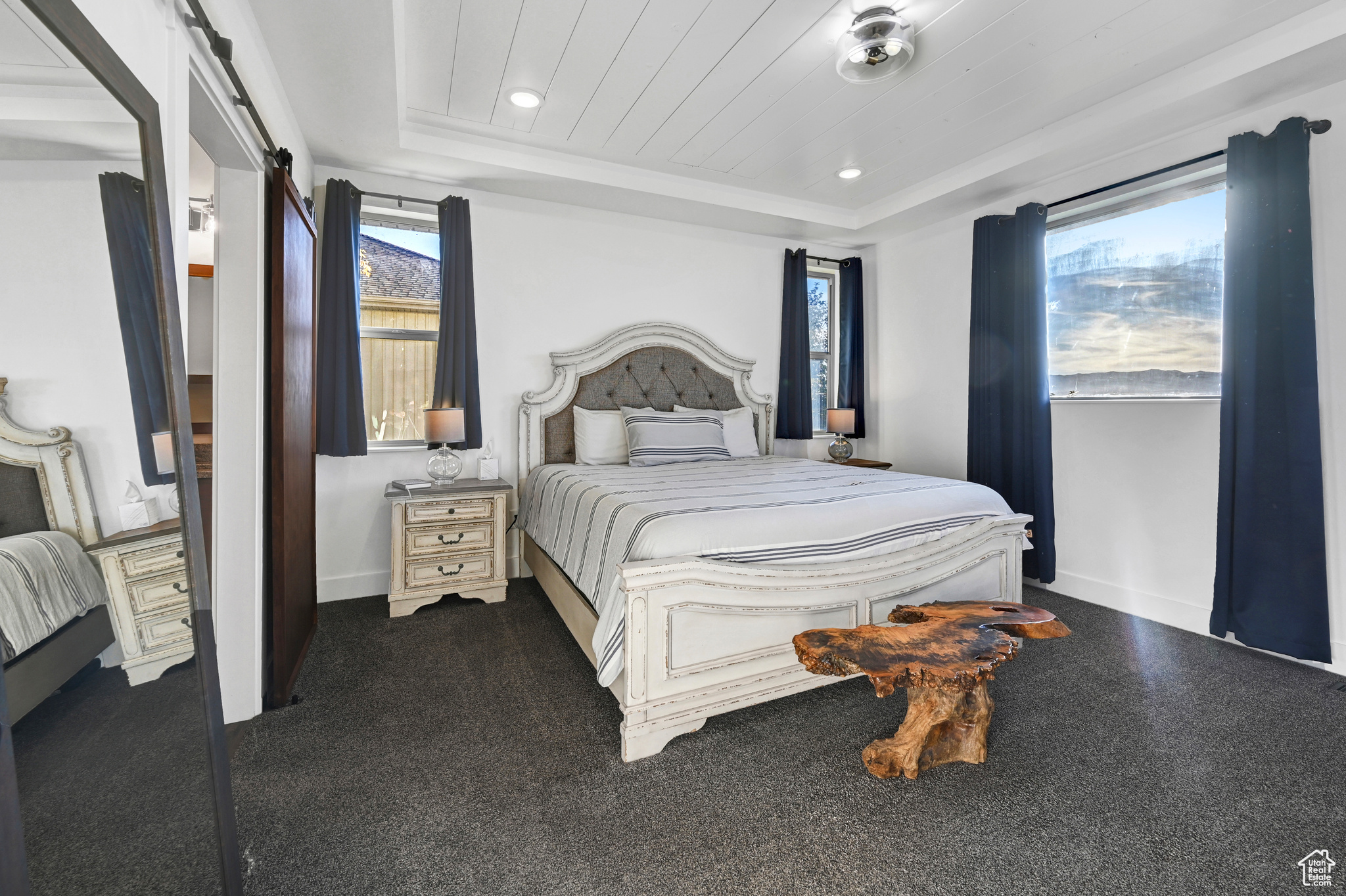 Bedroom featuring a raised ceiling and a barn door