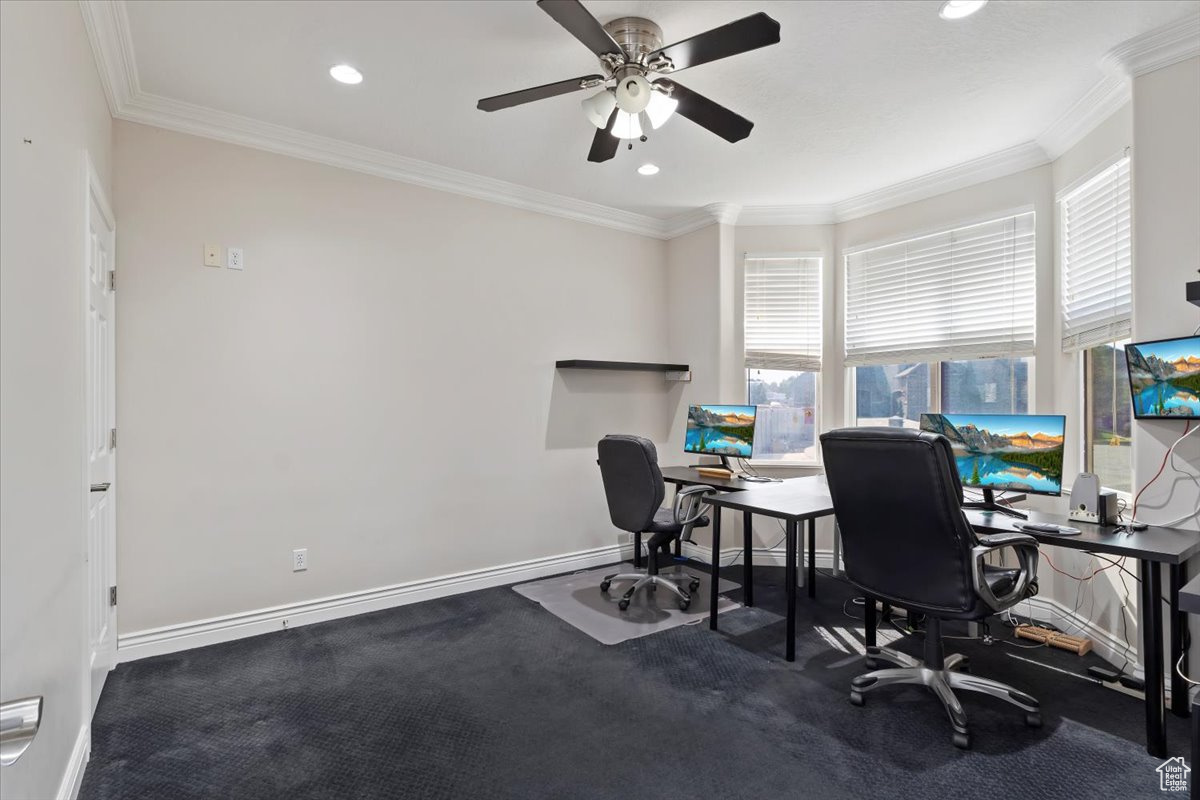 Office area featuring ornamental molding, ceiling fan, and carpet flooring