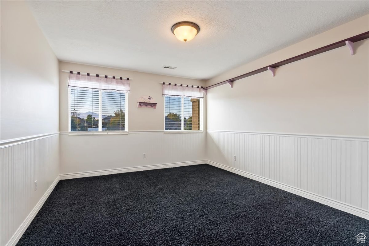 Carpeted empty room with a textured ceiling