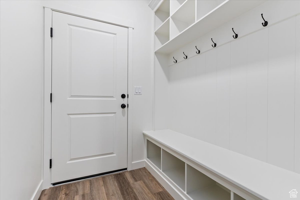 Mudroom featuring dark wood-type flooring