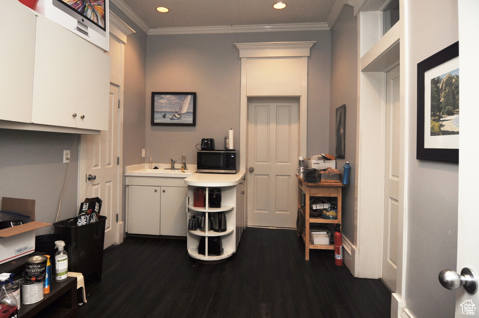 Interior space with crown molding, white cabinetry, and dark hardwood / wood-style floors