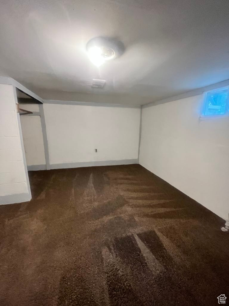 Basement with dark carpet