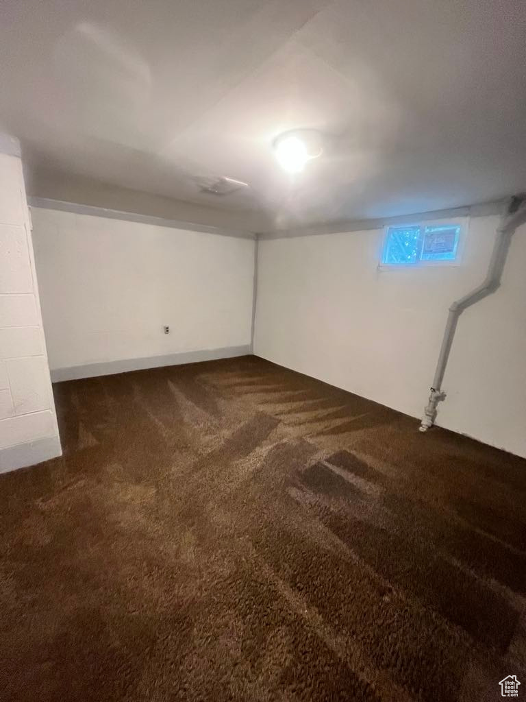 Basement with dark carpet