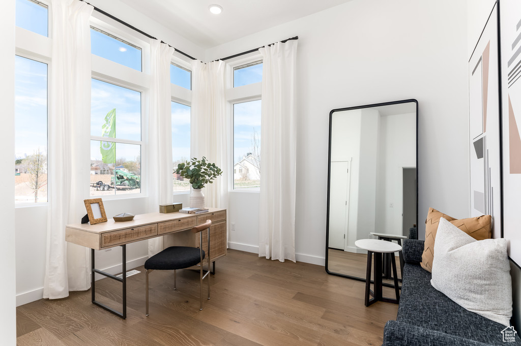 Office area featuring light wood-type flooring and a healthy amount of sunlight