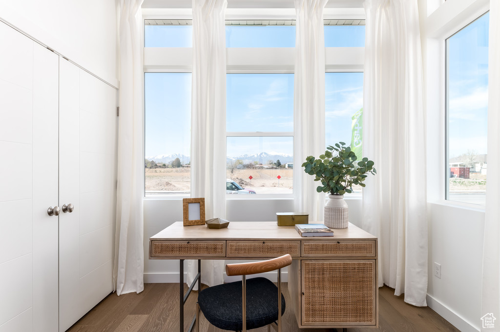 Office space with dark hardwood / wood-style floors and a healthy amount of sunlight