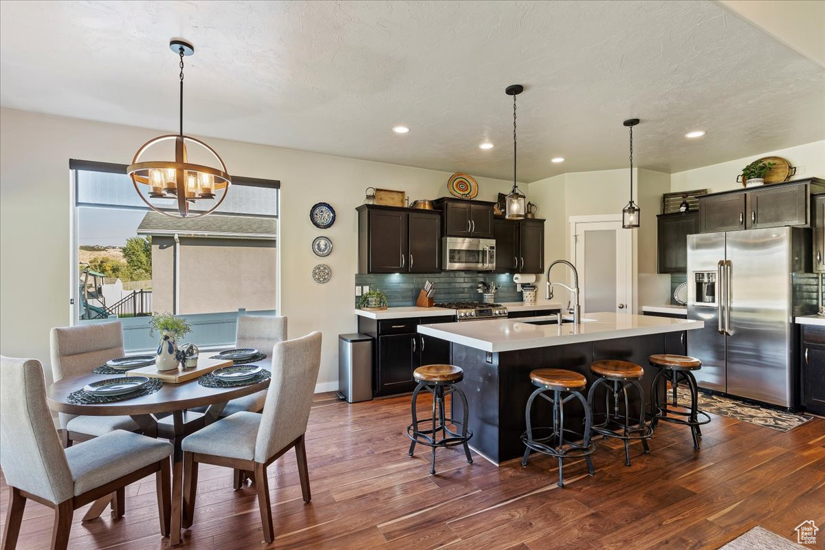 Kitchen featuring pendant lighting, an island with sink, stainless steel appliances, a kitchen breakfast bar, and dark hardwood / wood-style flooring