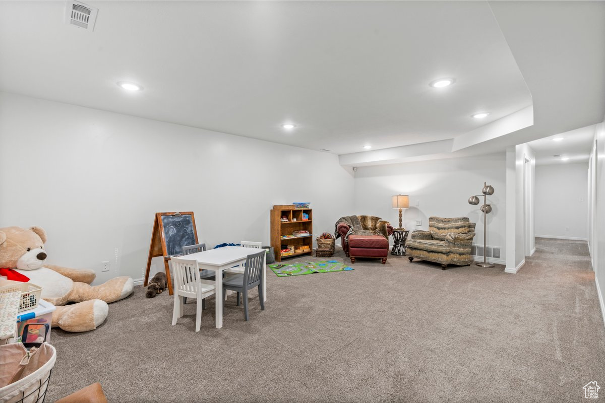 Recreation room with carpet floors