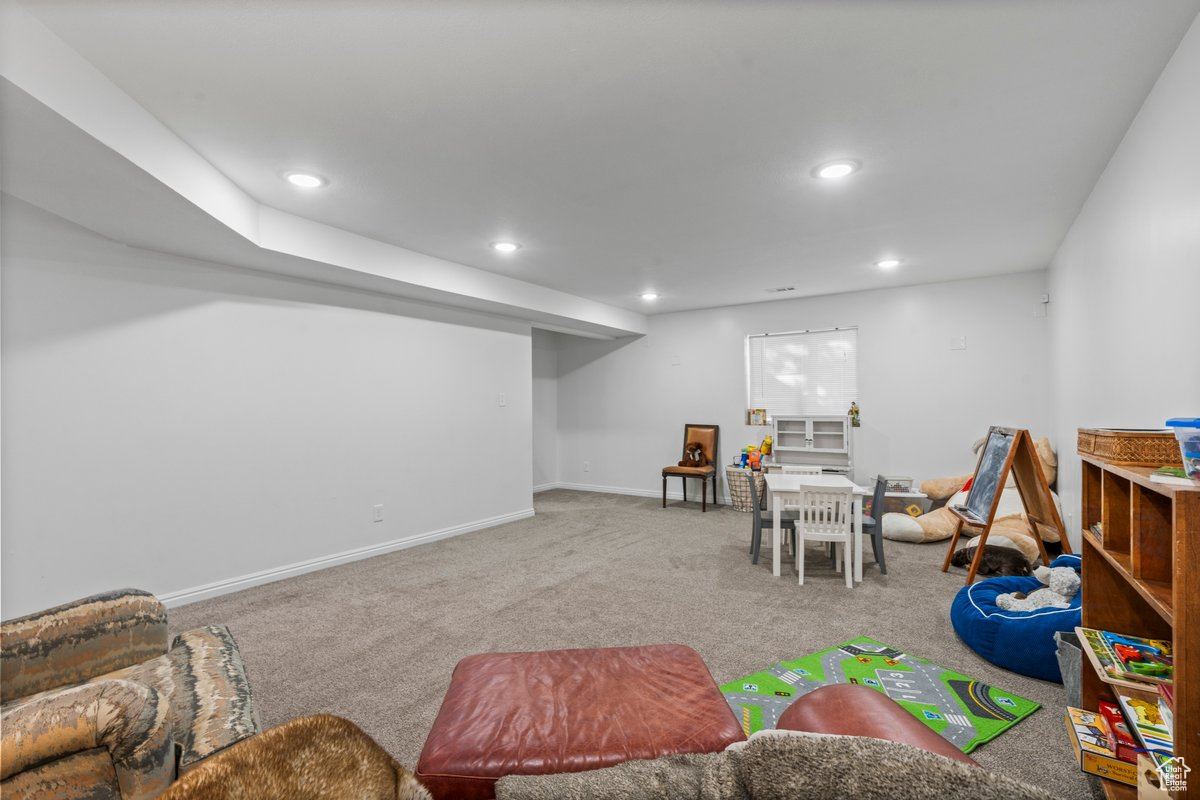 Rec room with carpet flooring