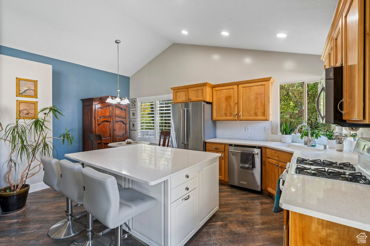 Kitchen with pendant lighting, a kitchen island, dark hardwood / wood-style flooring, sink, and appliances with stainless steel finishes