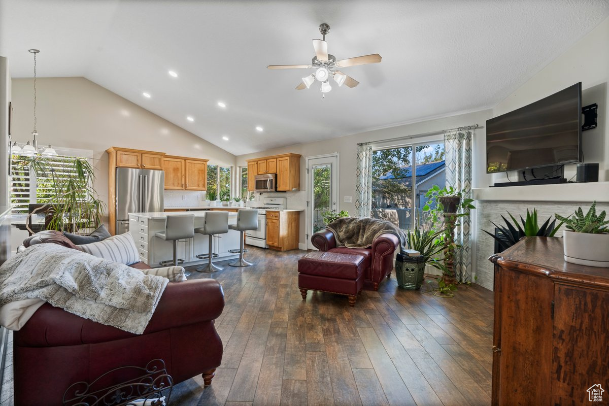 Living room featuring high vaulted ceiling, ceiling fan, and dark hardwood / wood-style flooring