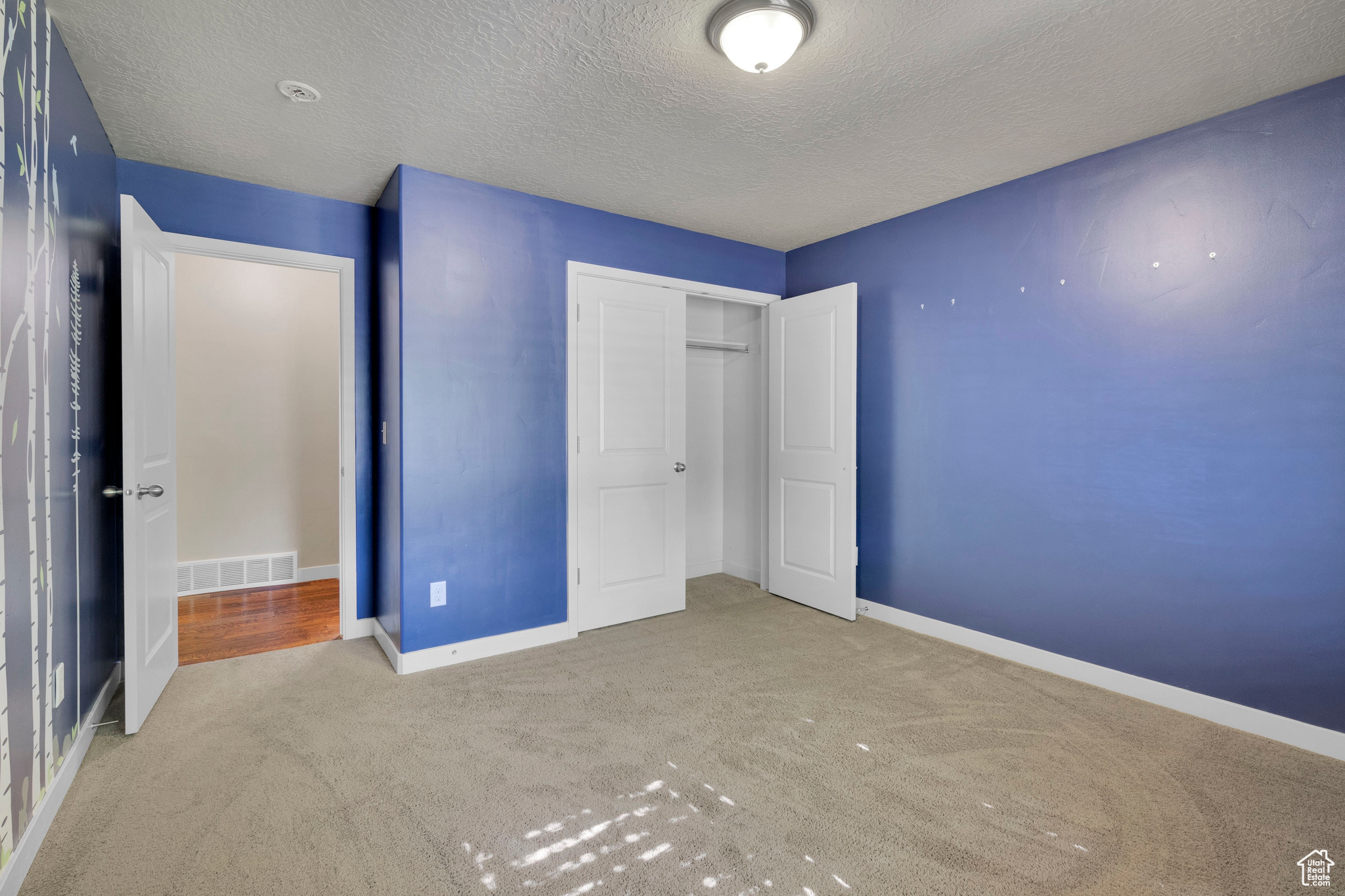 Bedroom with a closet, carpet, and a textured ceiling