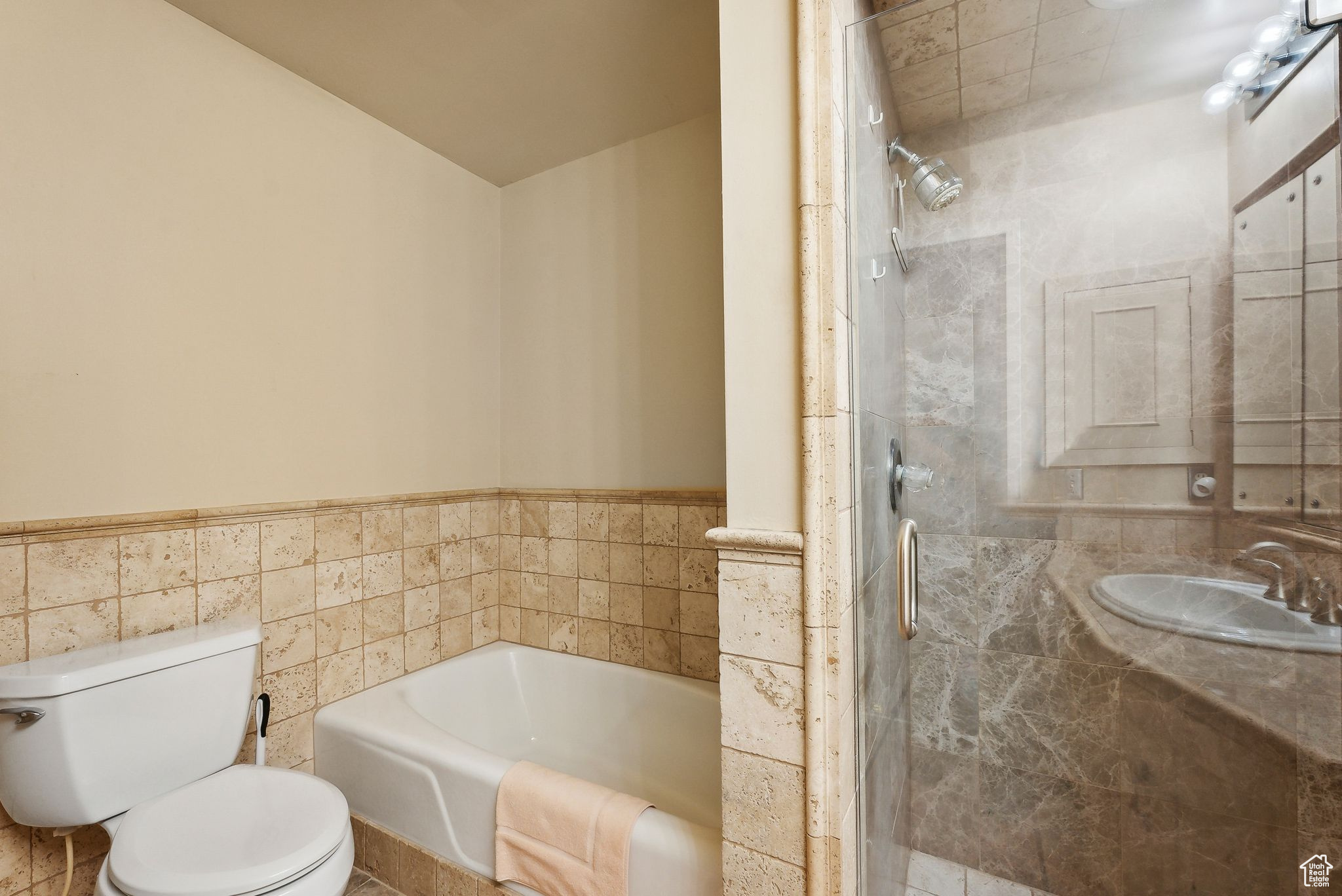 Full bathroom with toilet, tile walls, and separate shower and tub