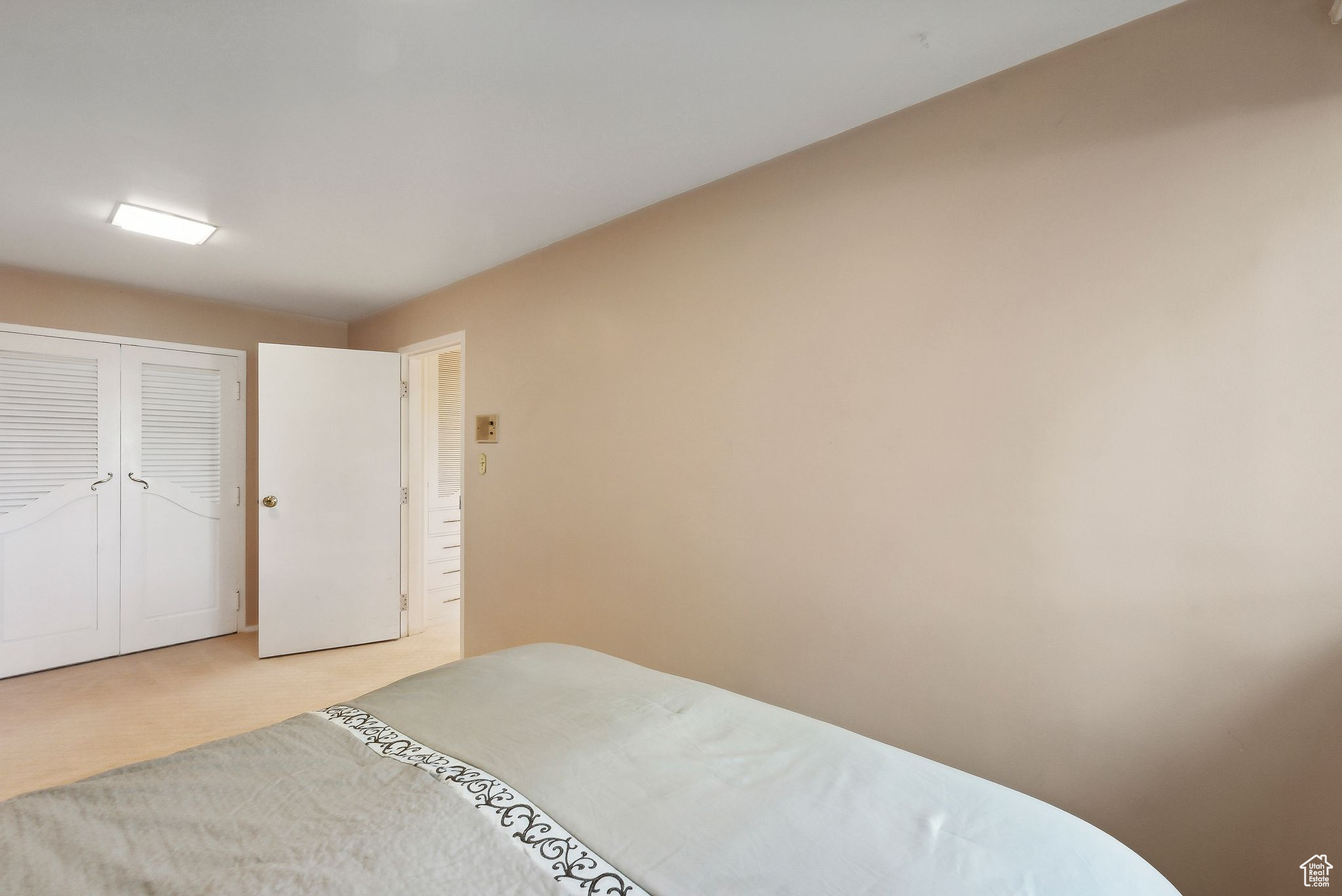 Bedroom with light colored carpet and a closet