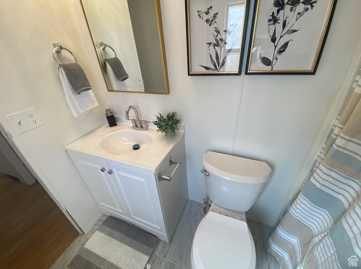 Bathroom featuring hardwood / wood-style flooring, vanity, and toilet