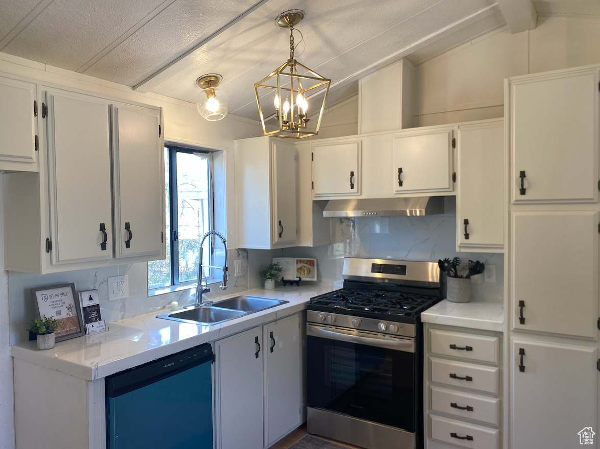 Kitchen with vaulted ceiling with beams, pendant lighting, sink, white cabinetry, and stainless steel appliances