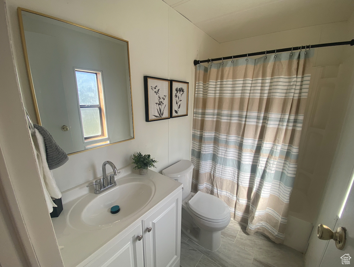 Bathroom with vanity, toilet, and a shower with shower curtain