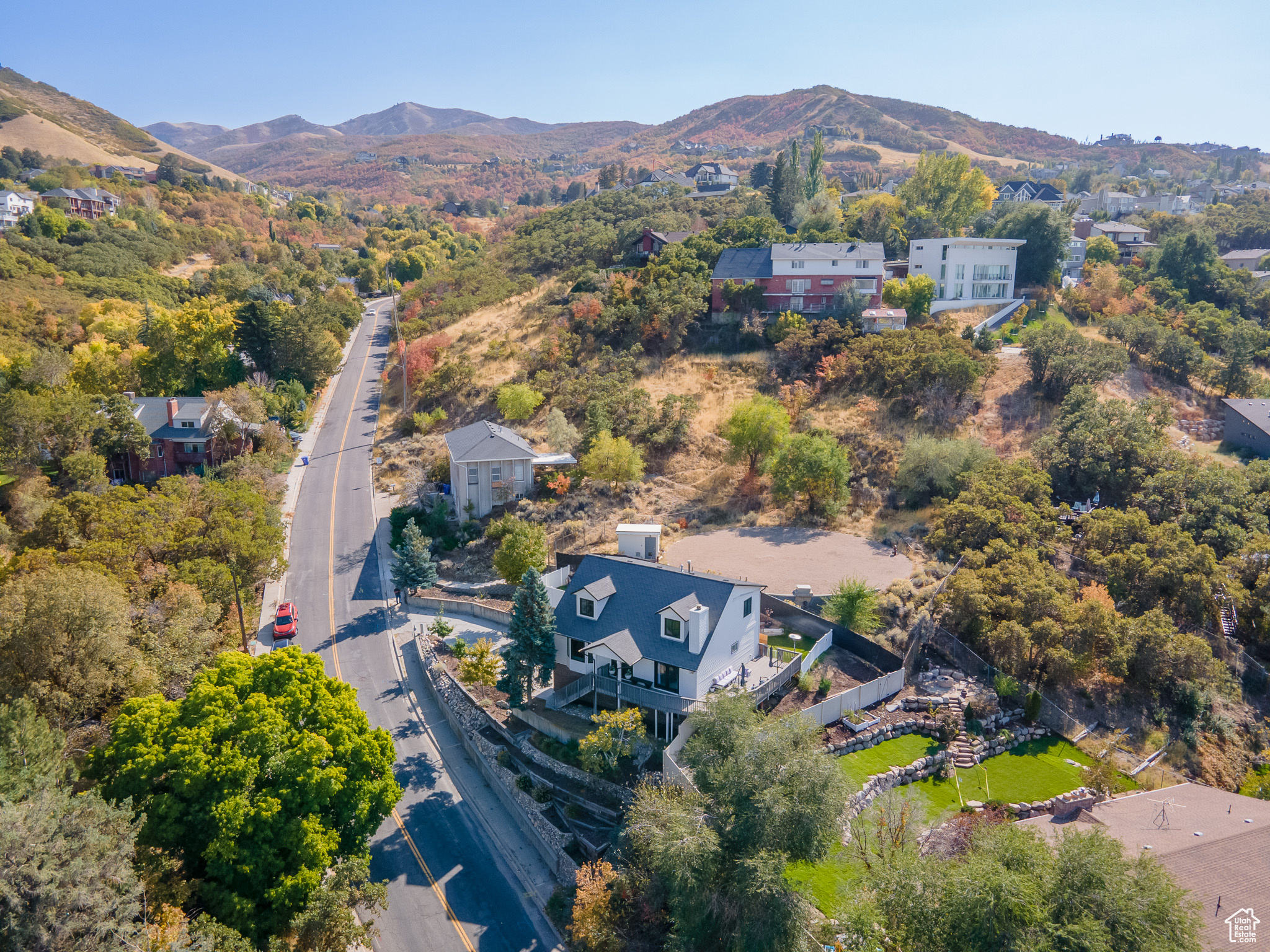 Aerial view featuring a mountain view