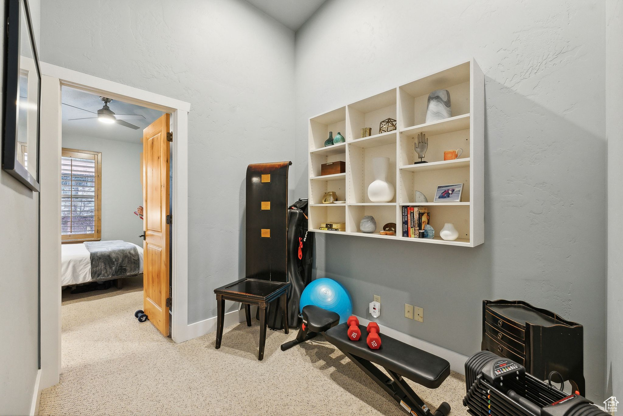 Exercise room featuring light carpet and ceiling fan